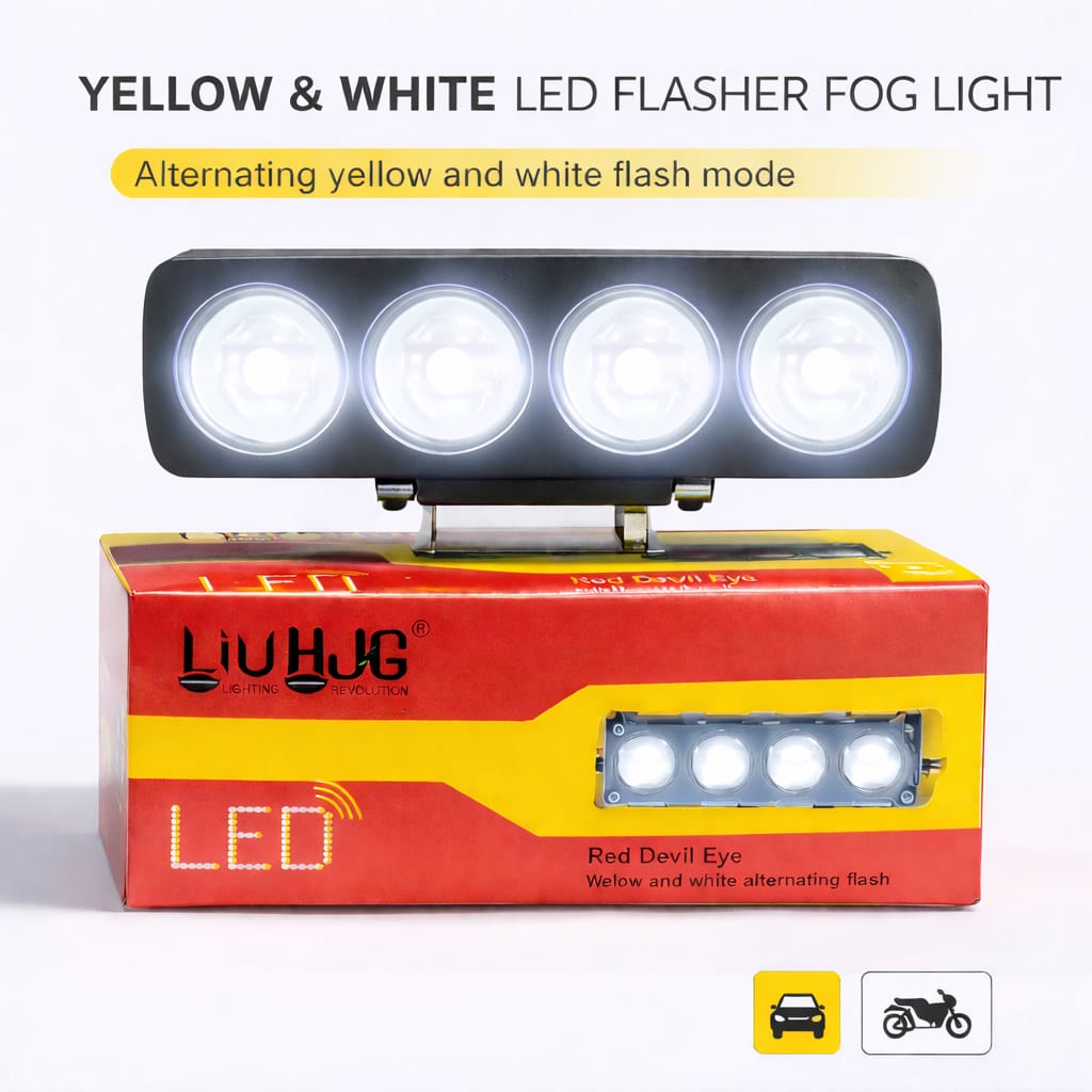 4 Lens Flasher Fog Light 40W – Dual Color White & Yellow LED Strobe Light for Bike & Car (DC 9V–80V) - Image 2