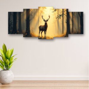 5-Piece Wooden Wall Frame – Deer in Forest Sunset Design | 16x40 Inch with Sticky Tiles