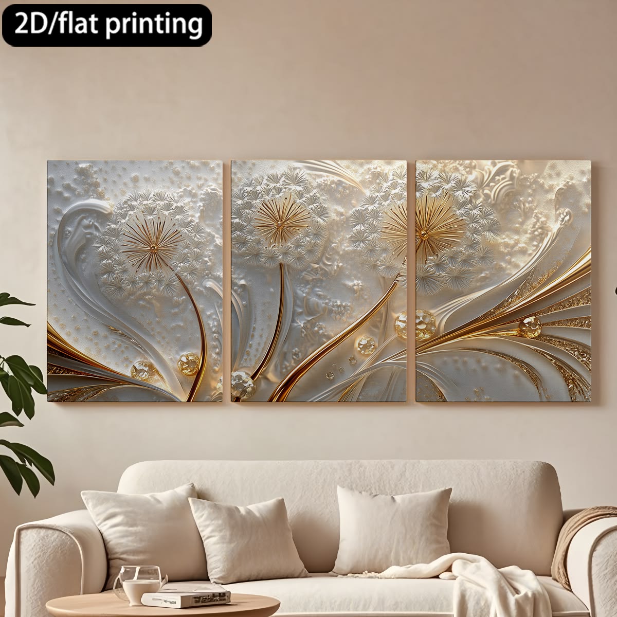 Luxury 3-Piece Floral Wall Frame Set – Gold & Pearl Dandelion Art on Textured Background
