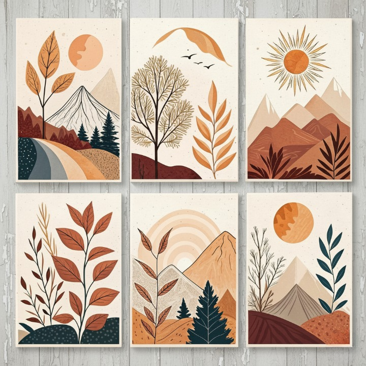 Hills Moon Sun Leaves Wooden Wall Art – 6 Piece Decorative Frame Set Made With Wooden Stickytile, Size 8x11 Inches Each, Easy To Mount With Double Tape - Image 2