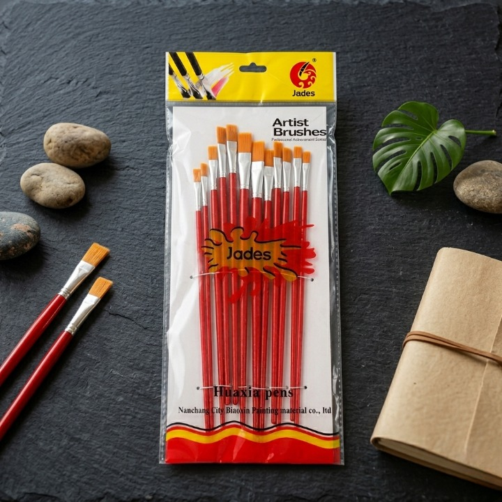 Writing Brush Set 12 Pcs Plastic Handle Flat Tip Brushes For Acrylic Oil And Watercolor Painting - Image 2