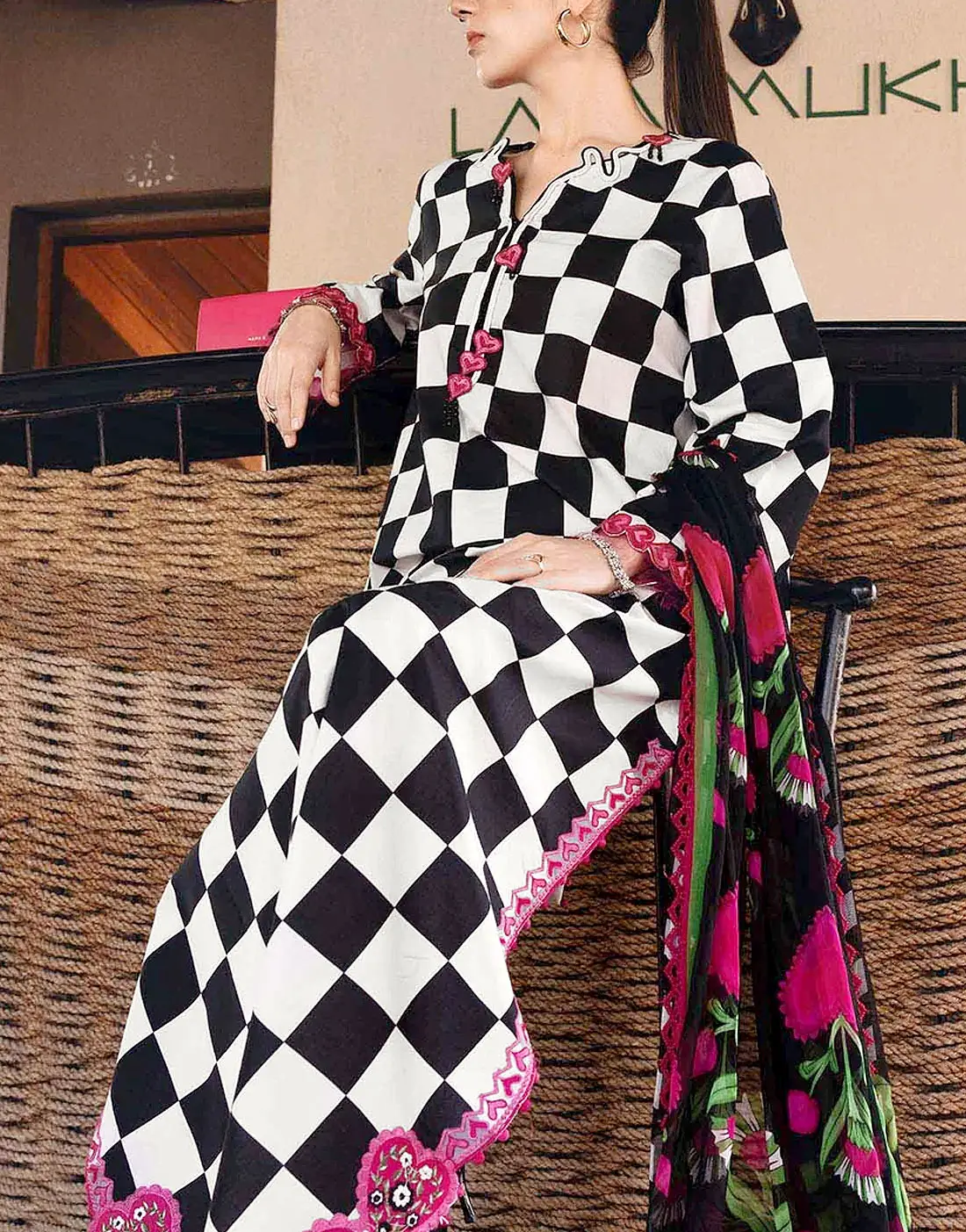 Elegant All-Over Checkerboard Print Embroidered Lawn 3Pc Unstitched Dress with Chiffon Dupatta – Summer Collection 2026 - Image 2