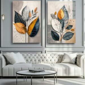 Modern 2-Piece Abstract Flower Wall Frame Set – Navy, Mustard & Gray Leaf Designs