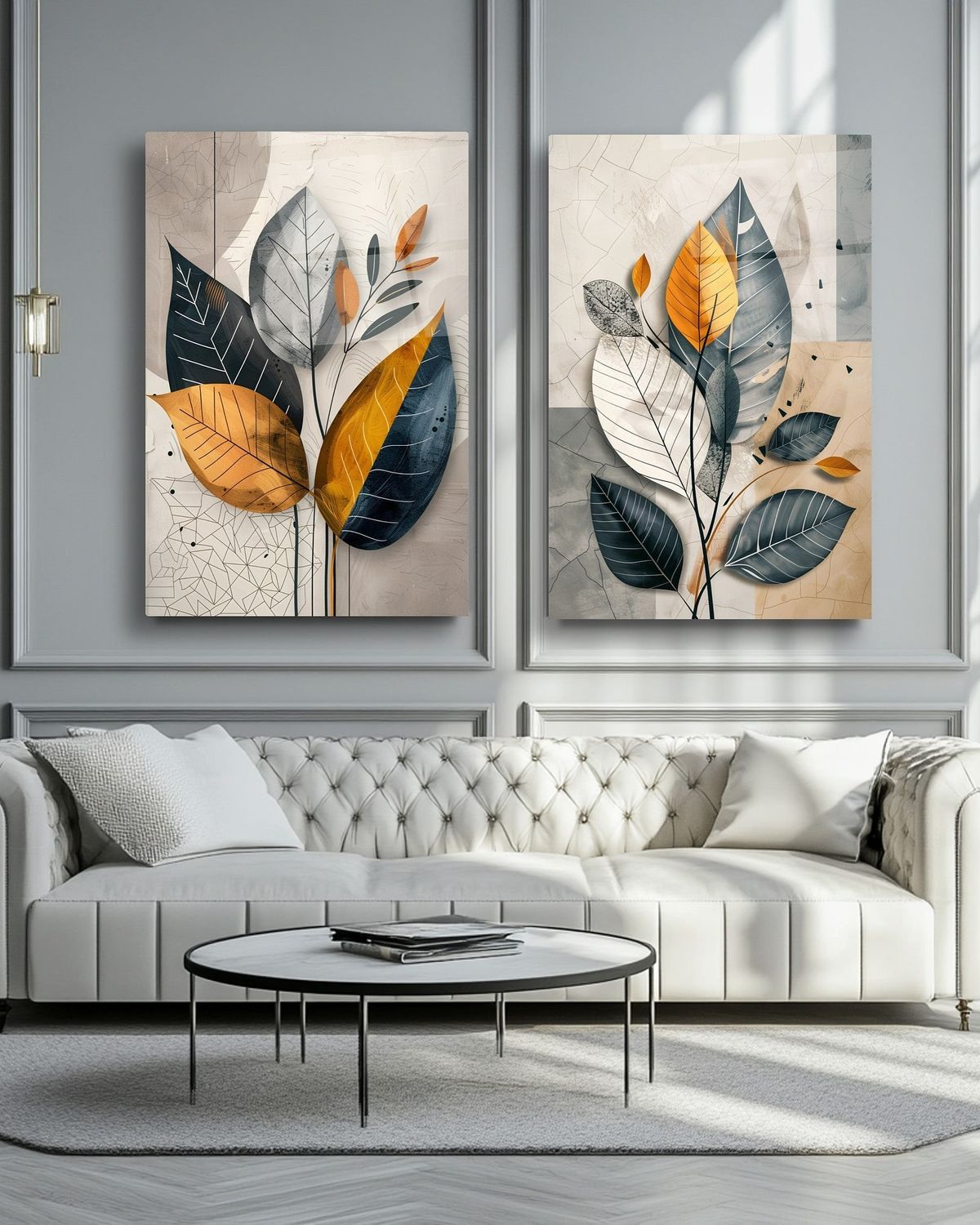 Modern 2-Piece Abstract Flower Wall Frame Set – Navy, Mustard & Gray Leaf Designs