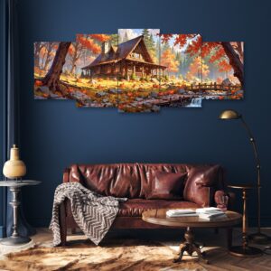 Autumn House Set of 5 Frames | 16x40 Inch | Wooden Sticky Tiles | Easy Wall Mount with Double Tape