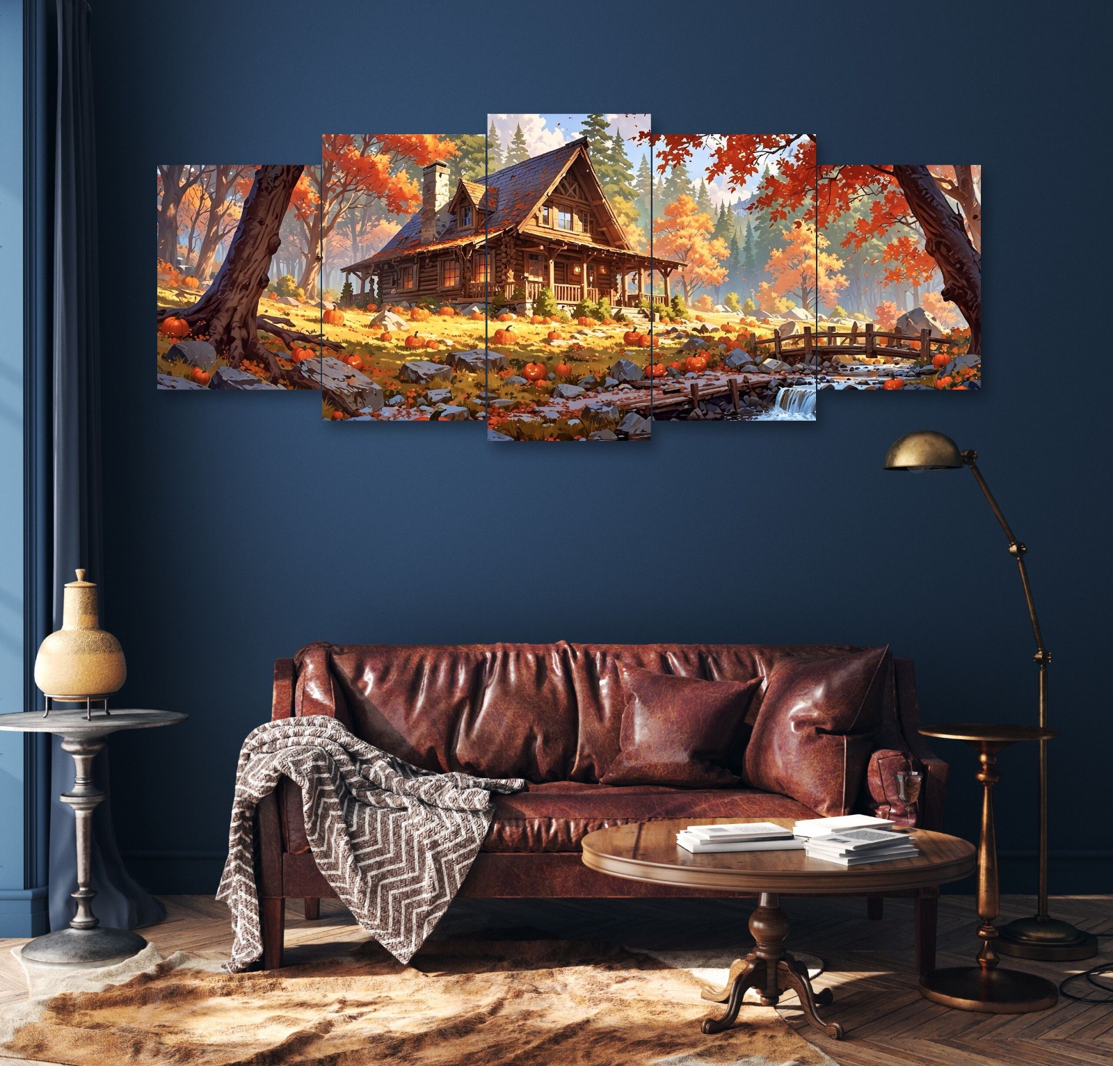 Autumn House Set of 5 Frames | 16x40 Inch | Wooden Sticky Tiles | Easy Wall Mount with Double Tape