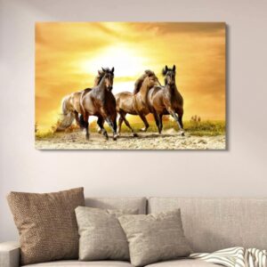 Golden Sunset Running Horses Canvas Art | Seven Horses Vastu Wall Decor | Artistic Animal Painting for Home | 12x16 Inches