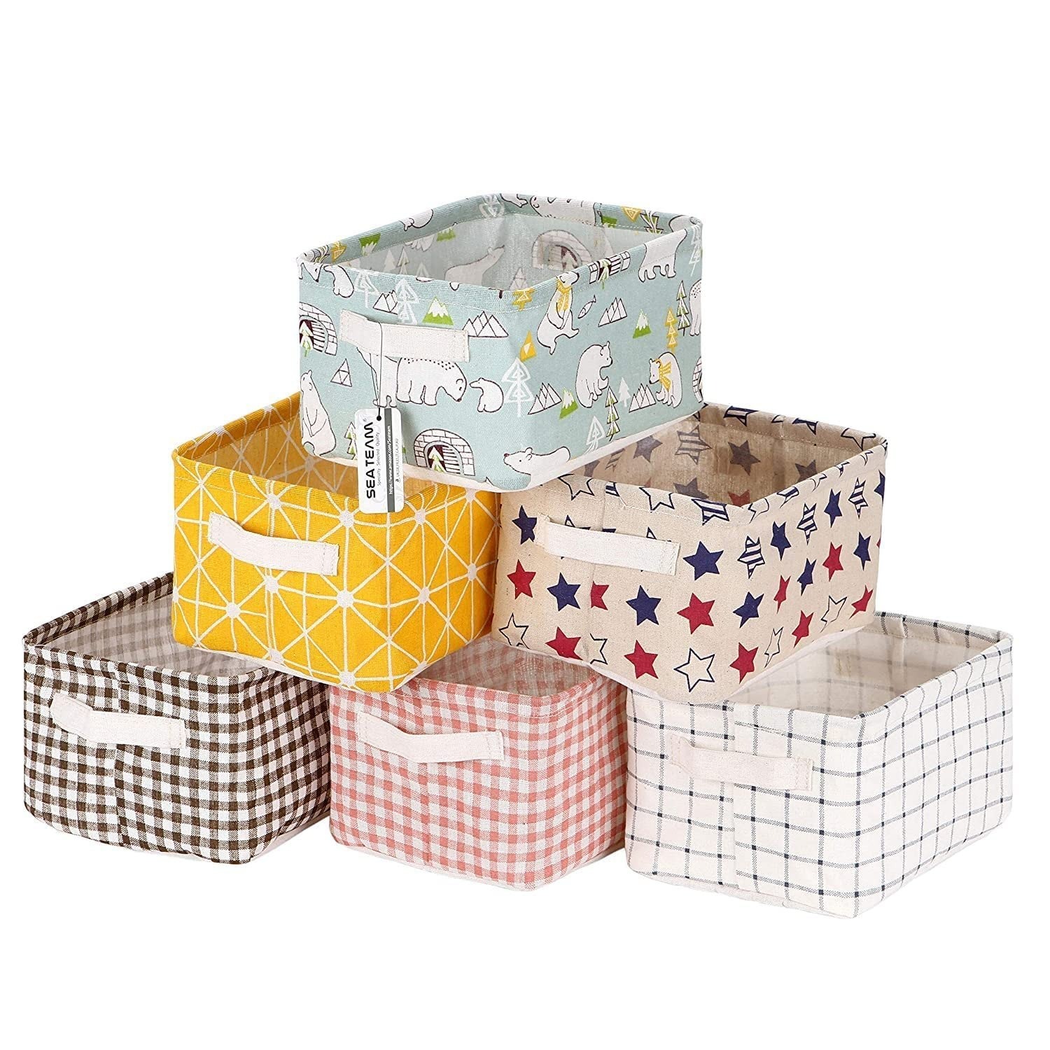 Foldable Desktop Storage Basket | Waterproof Cotton Linen Organizer | Mini Square with Handles (Random Colour And Design) - Image 4