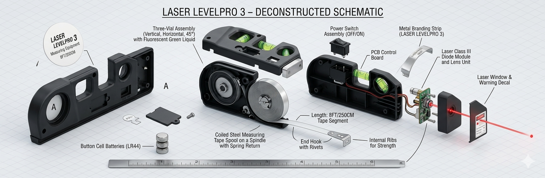 Multipurpose 4-in-1 Laser Level, Ruler, and Spirit Level Tool with Triple Bubble Vials for Precise Home Improvement & Construction Tasks - Image 3