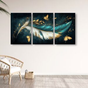 Set Of 3 Feather Art Wooden Frames For Wall Decoration Sticky Photo Tiles With Double Tape 8x11 Inches