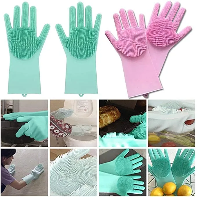Silicone Dishwashing & Cleaning Pair Gloves – Reusable Heat Resistant Scrubber Gloves for Kitchen, Bathroom & Household Cleaning | Random Color - Image 2