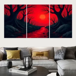 Set of 3 Surreal Red Landscape Wall Art Frames – 8x11" MDF Wood with Adhesive Backing