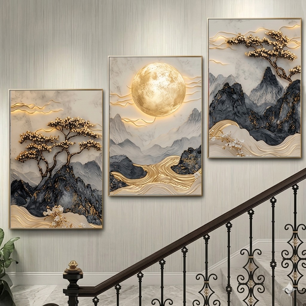 Luxury 3-Piece Landscape Wall Frame Set – Golden Moon & Blossoming Trees