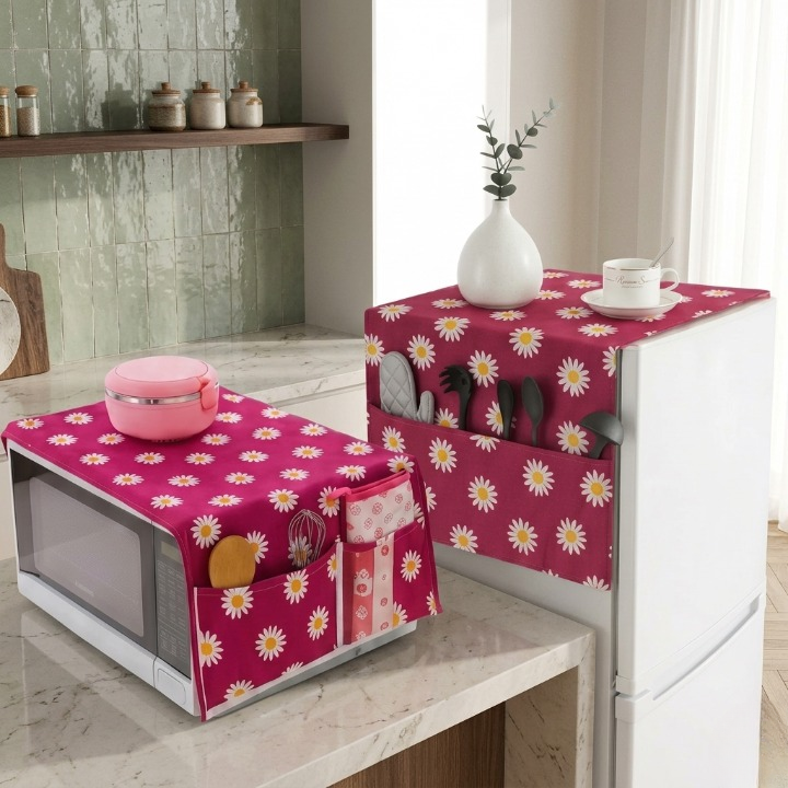 Microwave Oven & Refrigerator Top Cover Combo Pack – Dust-Proof Kitchen Appliance Protectors with Storage Pockets - Random color - Image 2
