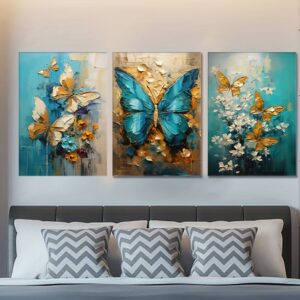 Luxury 3-Piece Butterfly & Floral Wall Frame Set – Textured Gold & Blue Art for Modern Bedrooms