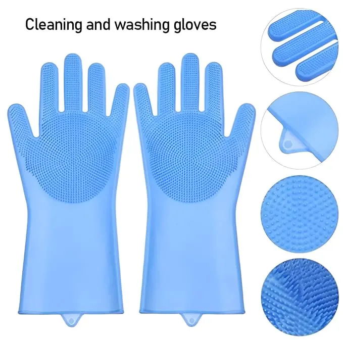 Silicone Dishwashing & Cleaning Pair Gloves – Reusable Heat Resistant Scrubber Gloves for Kitchen, Bathroom & Household Cleaning | Random Color