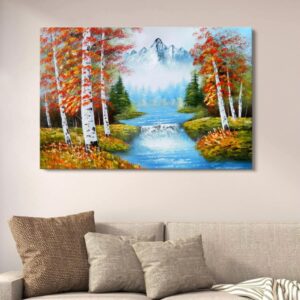 Autumn Mountain River Canvas Art | Scenic Nature Landscape Wall Decor | Artistic Forest Painting for Home | 12x16 Inches