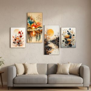 Set of 4 Orange Grey African Valley Scenic Lowlands | Wooden Sticky Wall Tiles | 8x16" & 8x11" | Double Tape Included