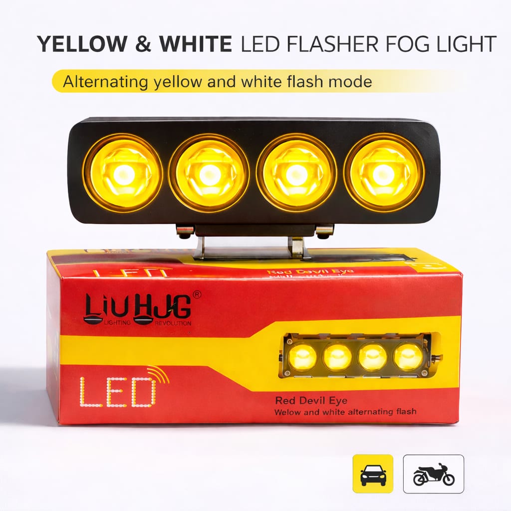 4 Lens Flasher Fog Light 40W – Dual Color White & Yellow LED Strobe Light for Bike & Car (DC 9V–80V)