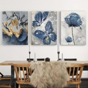 Elegant 3-Piece Flower Wall Frame Set – Blue & Gold Abstract Art for Modern Décor