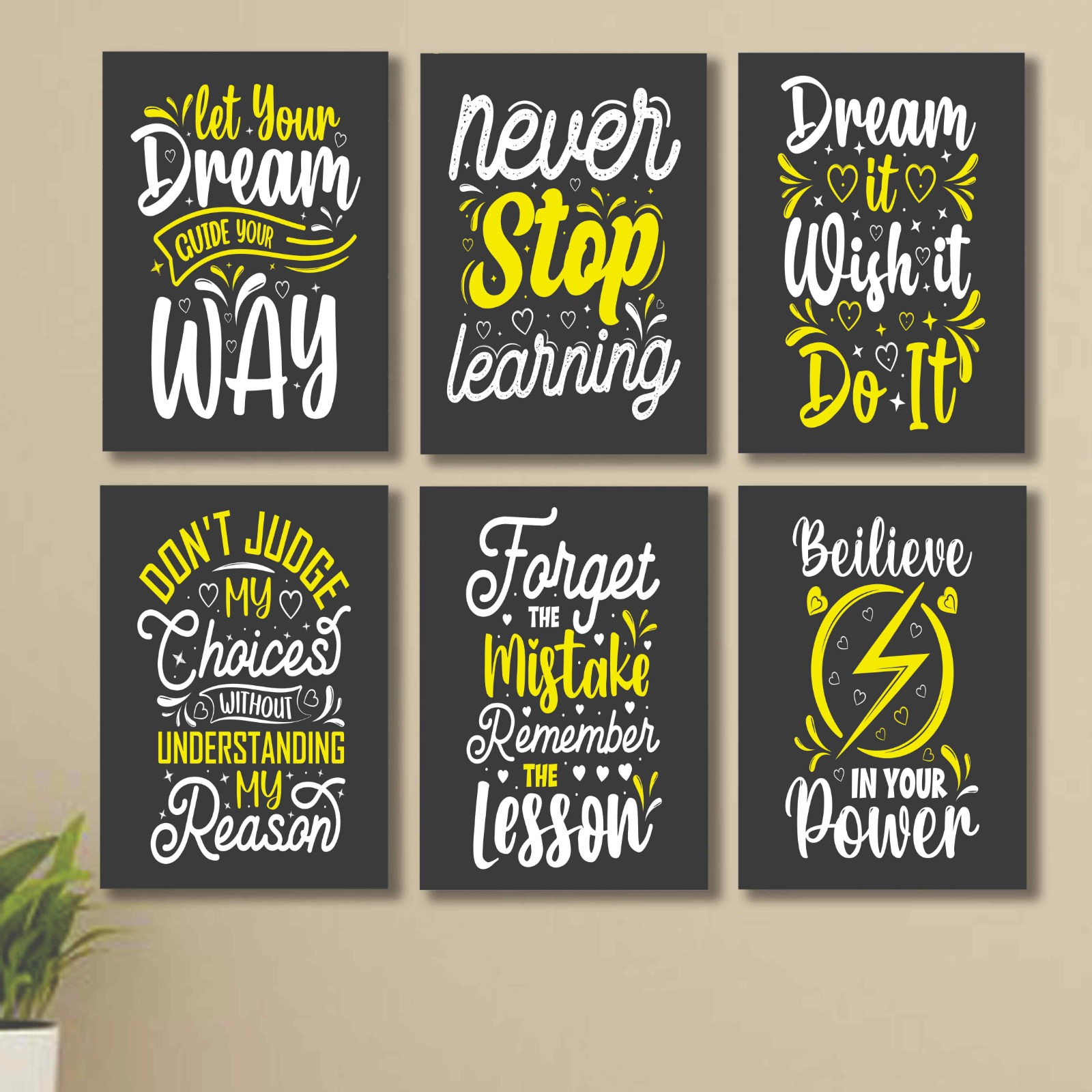 6 PC Wall Decor Cardboard Phototiles With Double Tape And Educational Discipline Quotes