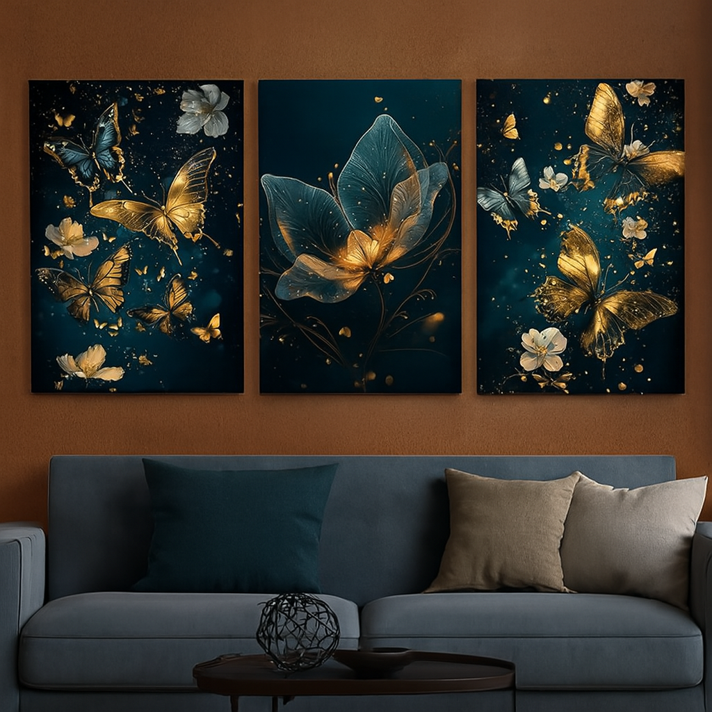 3 Pcs Butterfly Wall Art Frame Set – Elegant Golden Butterfly And Floral Design With Wooden Sticky Tile – 8x11 Inches With Double Tape - Image 2