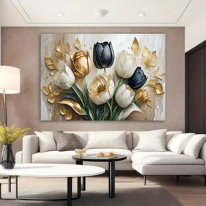 Modern 3D Effect Luxury Floral Wall Art Frame Featuring Golden and Black Tulips Abstract Oil Painting Style Decor Size 12x16 with Double Sided Tape