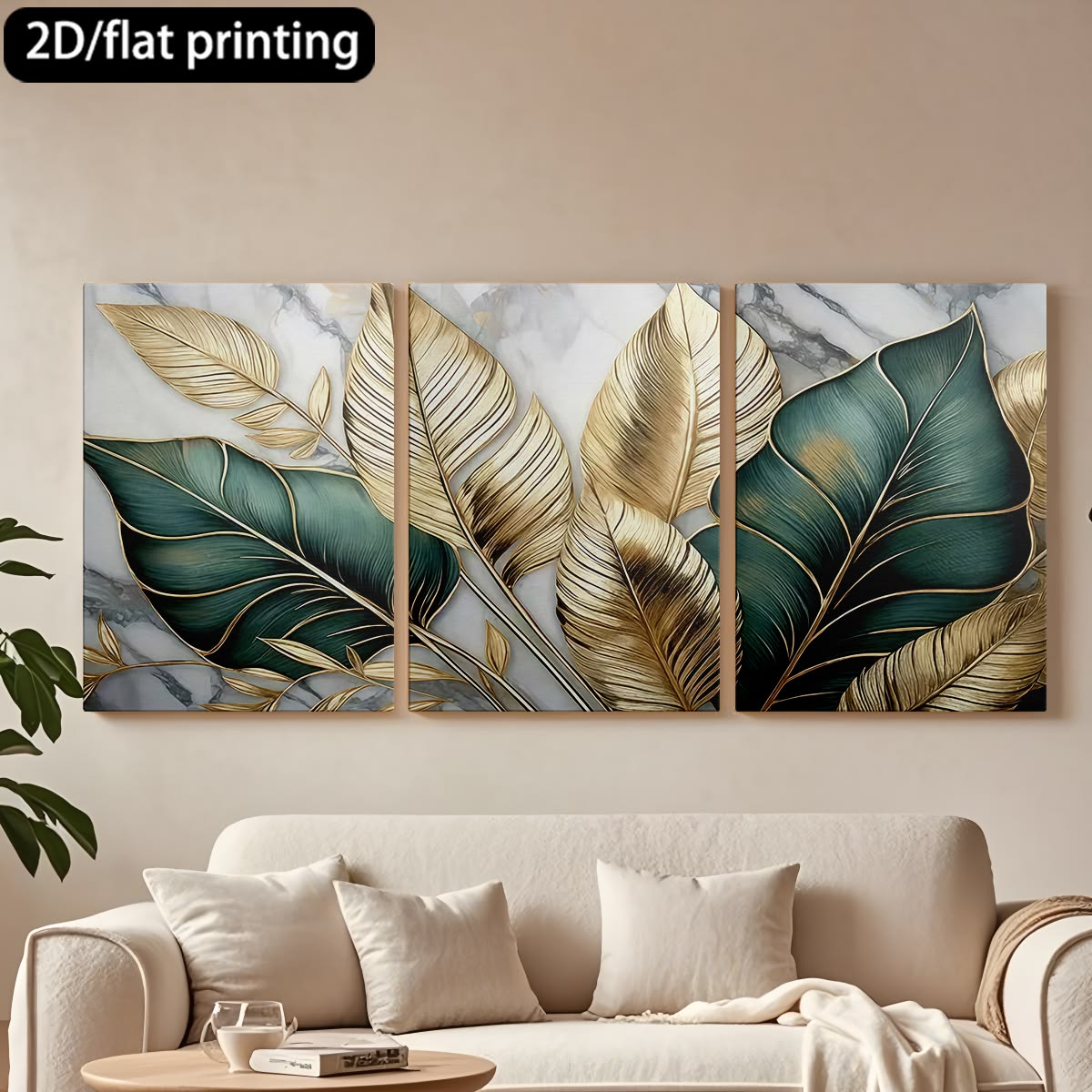 Modern 3-Piece Tropical Leaf Wall Frame Set – Gold & Green on Marble Background