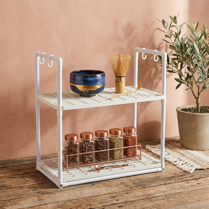 Microwave Oven Storage Rack 2-Tier Kitchen Organizer | Space-Saving Carbon Steel Shelf For Countertop And Utensils | Random Colour ~ Plastic - Image 2