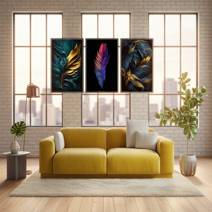 3-Piece Feather Design Wall Art Frames – Modern Decorative Wall Hanging Set, 8x11 Inches Each with Double Tape for Easy Installation