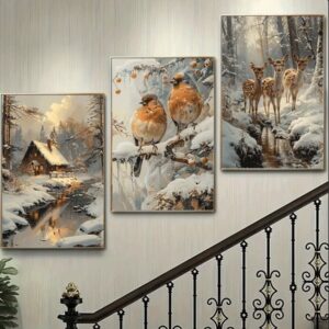 Serene 3-Piece Winter Nature Wall Frame Set – Cabin, Birds & Deer in Snow