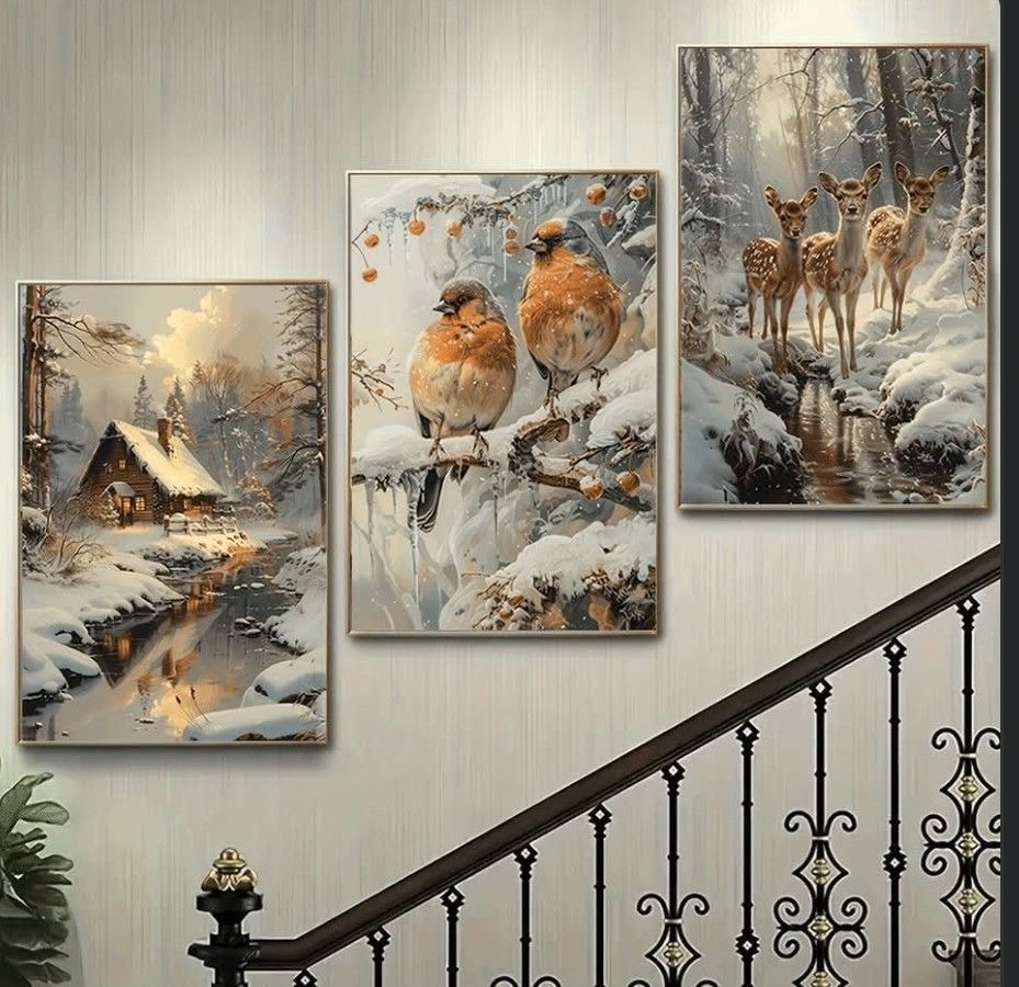 Serene 3-Piece Winter Nature Wall Frame Set – Cabin, Birds & Deer in Snow