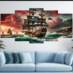Pirate Ship Ocean Voyage Wall Art – 5-Piece Canvas Set (16x40 inches) | Wooden Sticky Tile Frames with Double Tape