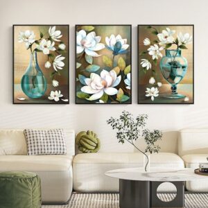 Elegant 3-Piece Floral Wall Frame Set – White Blossoms & Teal Vase Art