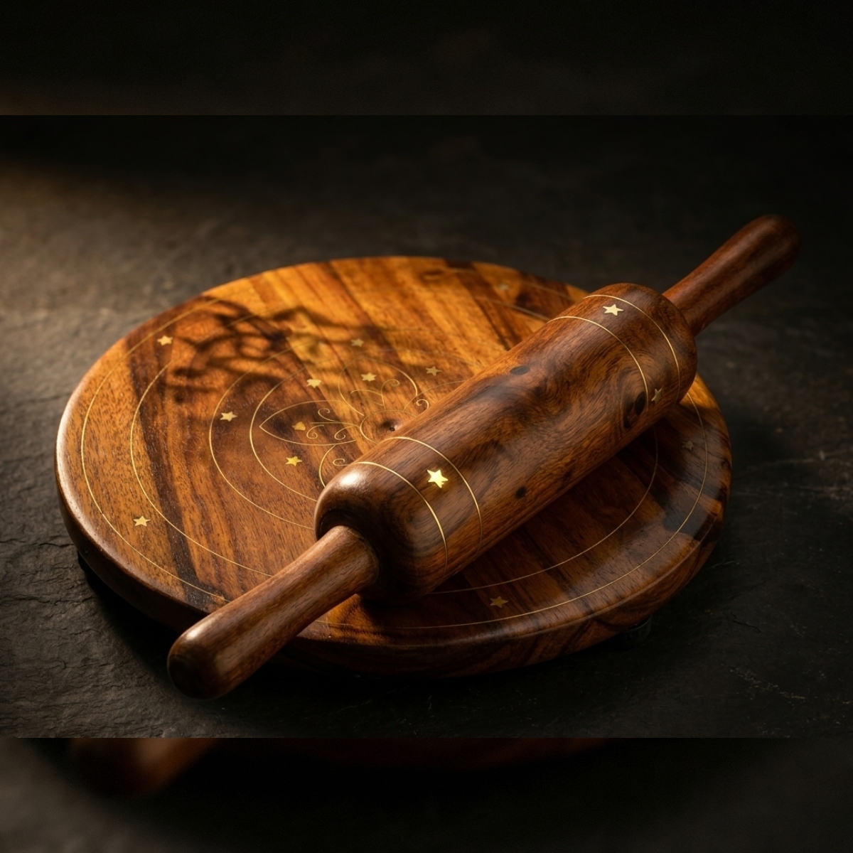 Shesham Wood & Brass Patra Bellon Set – Premium Roti Making Board & Rolling Pin - Image 3