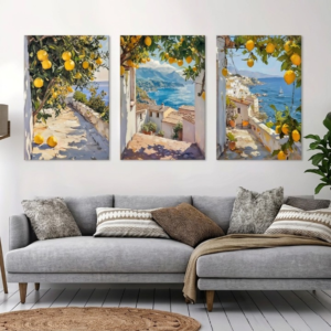 Set of 3 Vintage Mediterranean Coastal Lemon Tree Scenery Painting Wall Art Frames for Modern Home Decor Size 8x11 Inches Each with Double Sided Tape