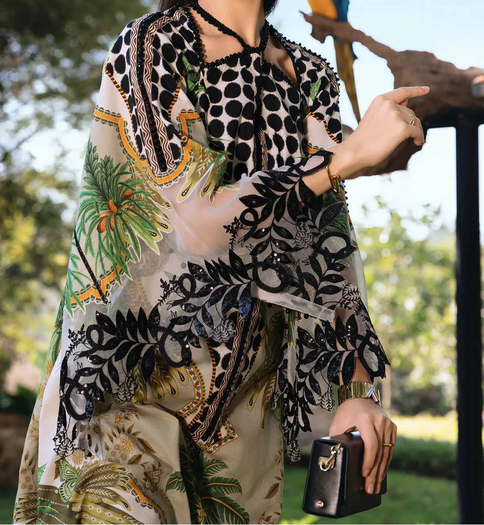 Elegant All-Over Print Embroidered Lawn 3Pc Unstitched EID Dress for Girls with Chiffon Dupatta - Image 3