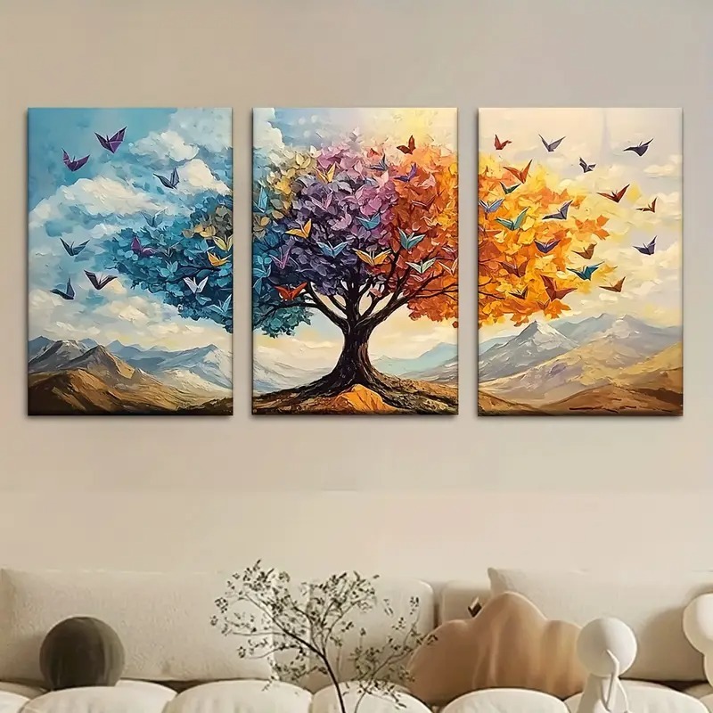 3 Piece Tree & Butterfly Wall Art – Wooden Sticky Tile Frames with Self-Adhesive Tape for Easy Home Decoration - Image 2