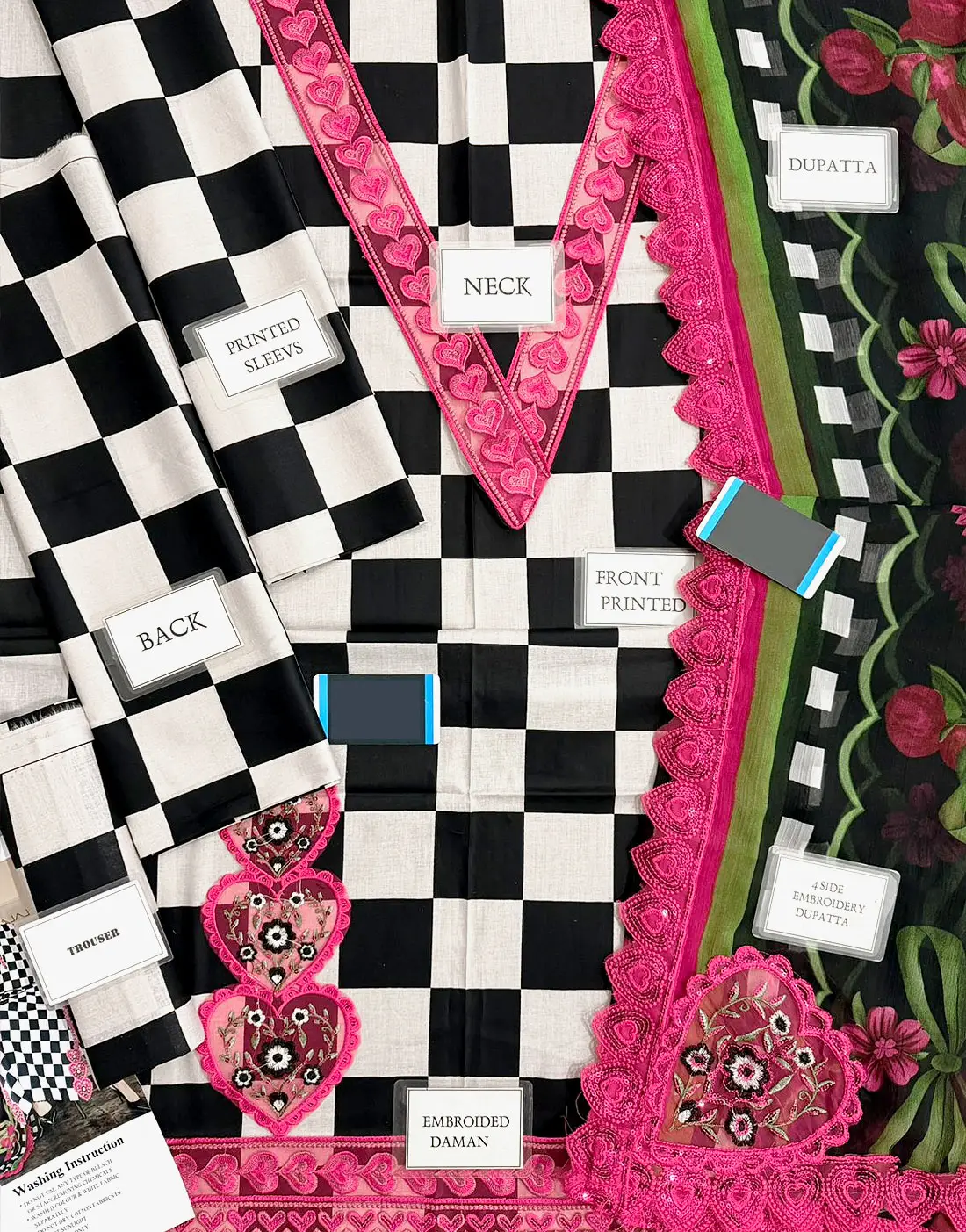 Elegant All-Over Checkerboard Print Embroidered Lawn 3Pc Unstitched Dress with Chiffon Dupatta – Summer Collection 2026 - Image 3