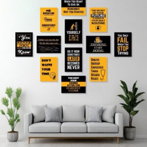 Yellow And Black Motivational Wall Art Posters 12 Pcs Set Wooden Sticky Tiles 5x7 Inches Easy Mounting