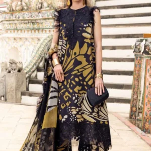 Maria B Printed Embroidered Lawn 3PC Unstitched Suit with Chiffon Dupatta – Black & Mustard