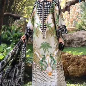 Elegant All-Over Print Embroidered Lawn 3Pc Unstitched EID Dress for Girls with Chiffon Dupatta