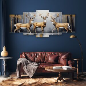 Set of 5 Frames | 3 Deer Picture | 16x40 Inch | Wooden Sticky Tiles | Easy Wall Mount with Double Tape
