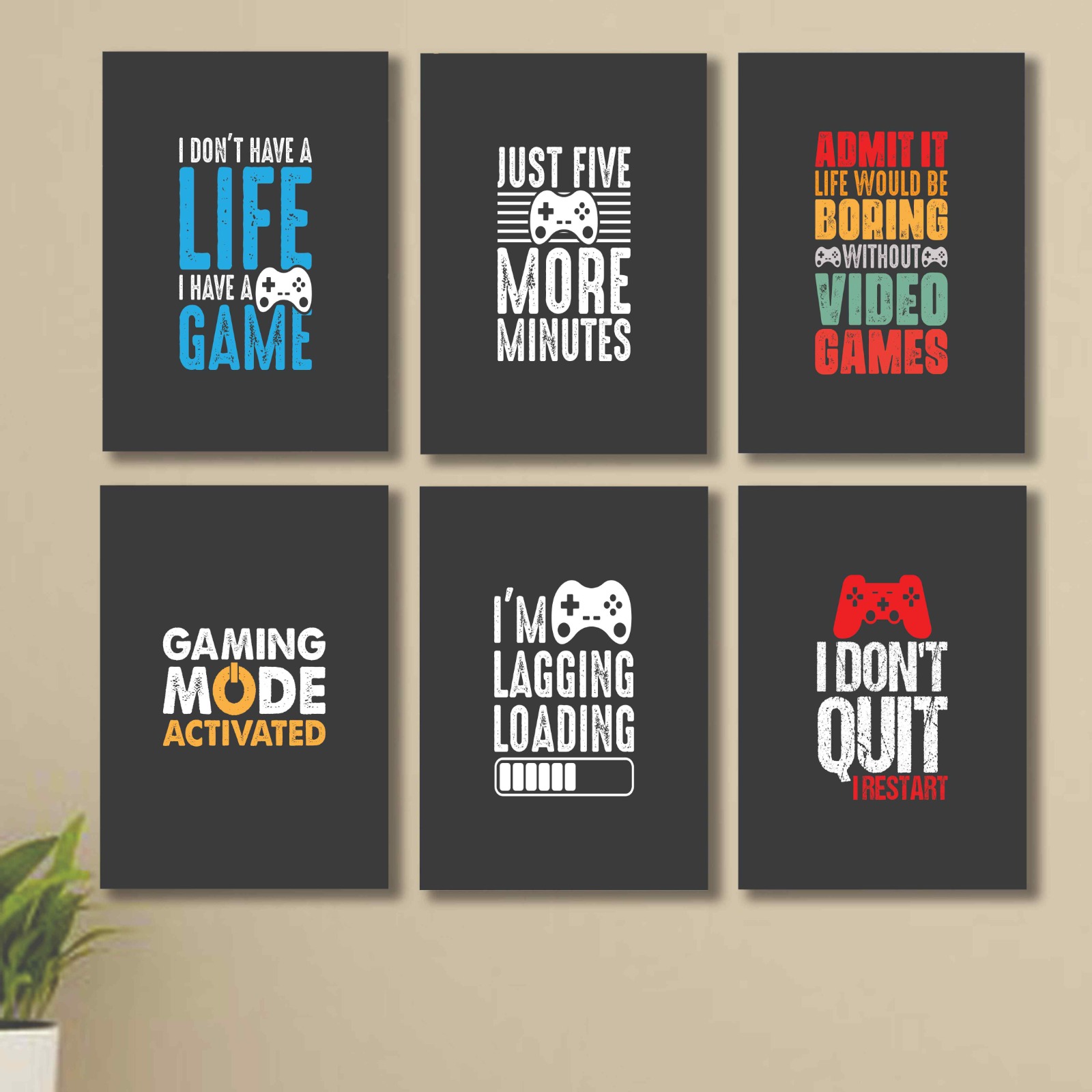6 PC Wall Decor Cardboard Phototiles With Double Tape For Back Sticking Gaming Quotes