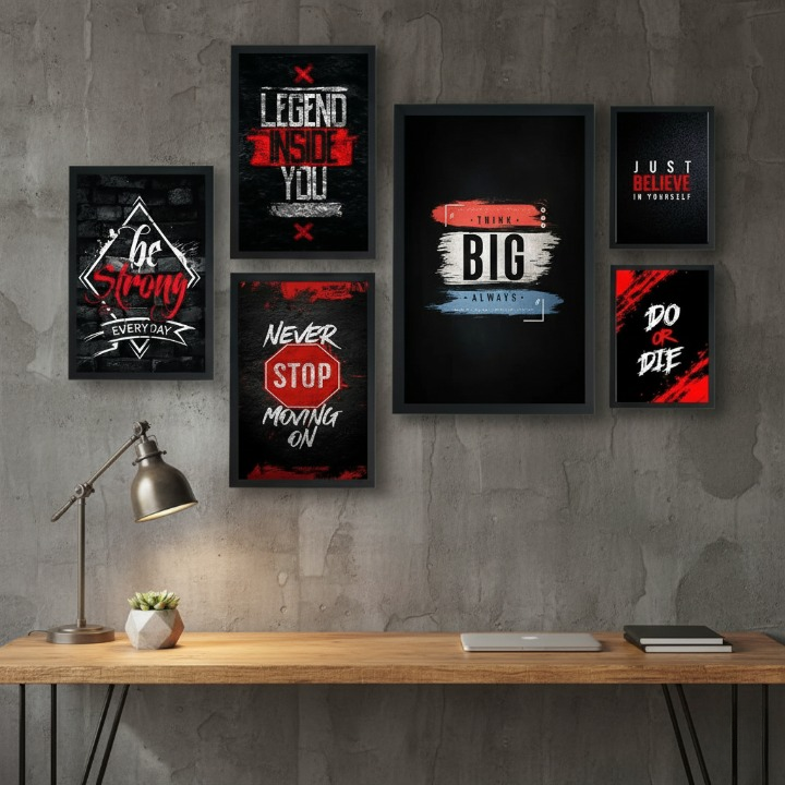 Motivational Wooden Wall Art Frame Set – 6 Pcs Inspirational Quotes | Be Strong, Think Big, Never Stop, Do or Die | Premium Quality Wooden Frames for Home & Office - Image 2