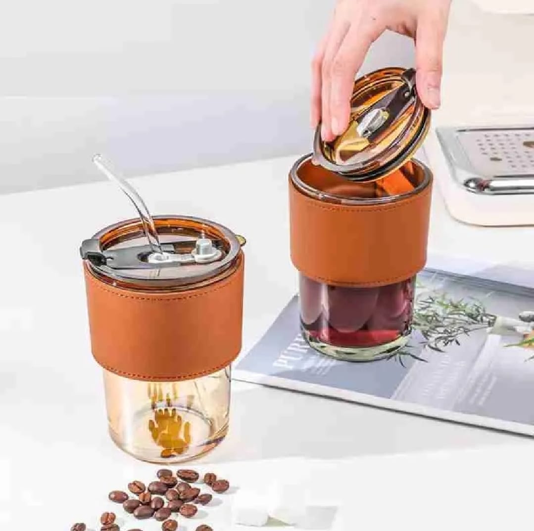 Reusable Coffee Mug with Straw – Leakproof Lid & Heat-Resistant PU Leather Sleeve for Hot & Cold Drinks (300ml) - Image 3