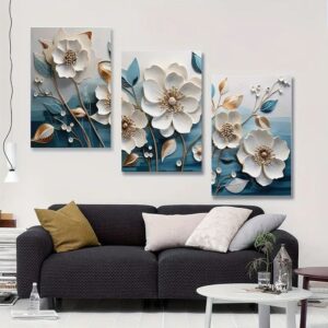 Elegant 3-Piece Floral Wall Frame Set – White Blossoms & Golden Stems on Teal Background